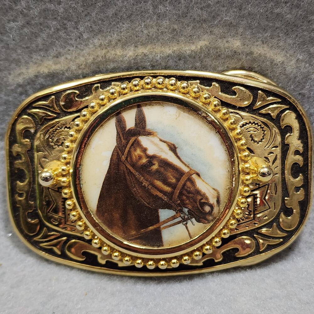 Horse Head Portrait Belt Buckle Western Gold Tone Made In USA Vintage 1970-1980s